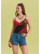 Patterned V Neck Thin Straps Red Summer Blouse 4437